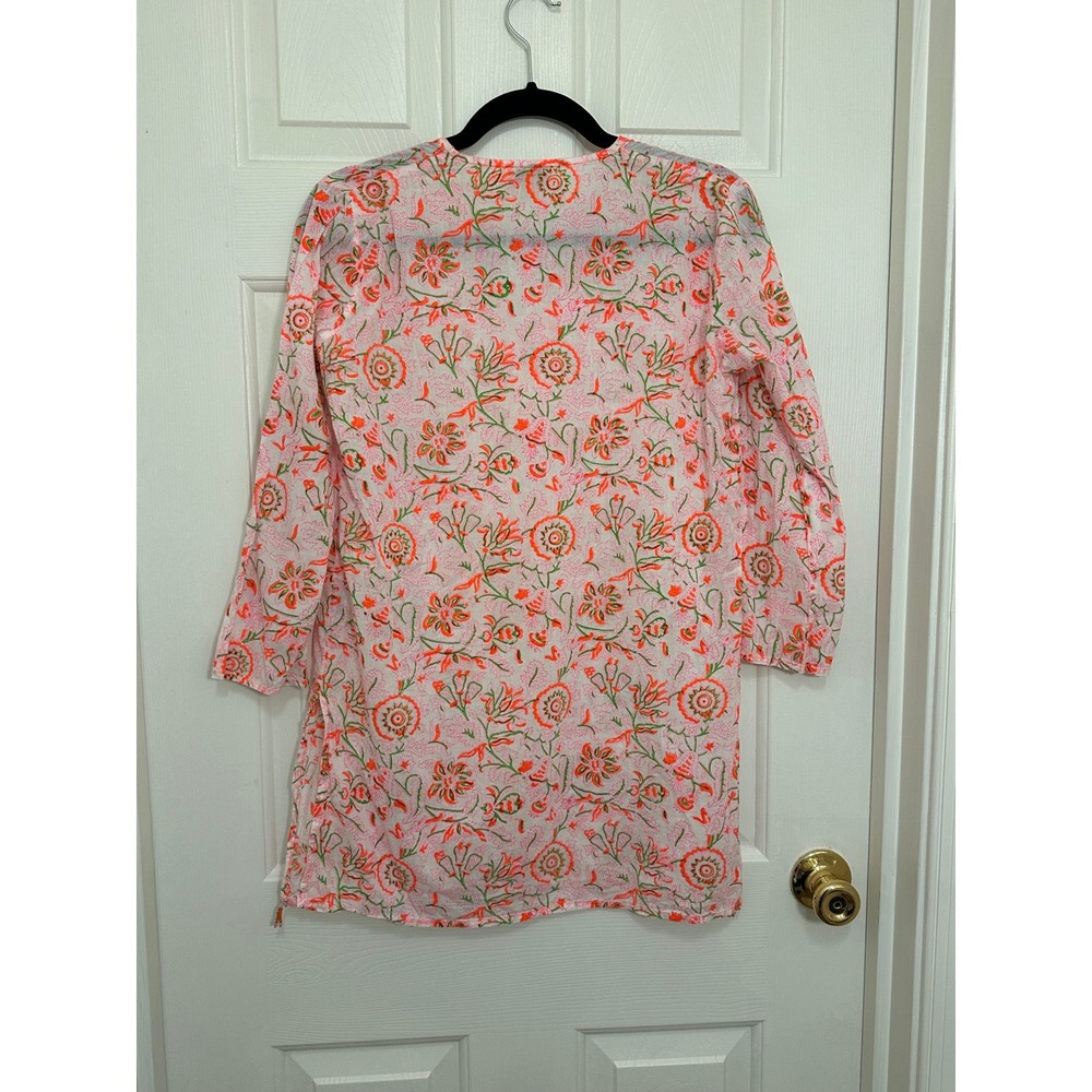Roberta Roller Rabbit Cotton Tunic Top Floral Block Print Pink Orange XS - Picture 2 of 5
